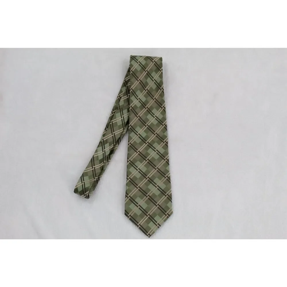 Geoffrey Beene 100% Silk Tie Green Gold Plaid Men Necktie